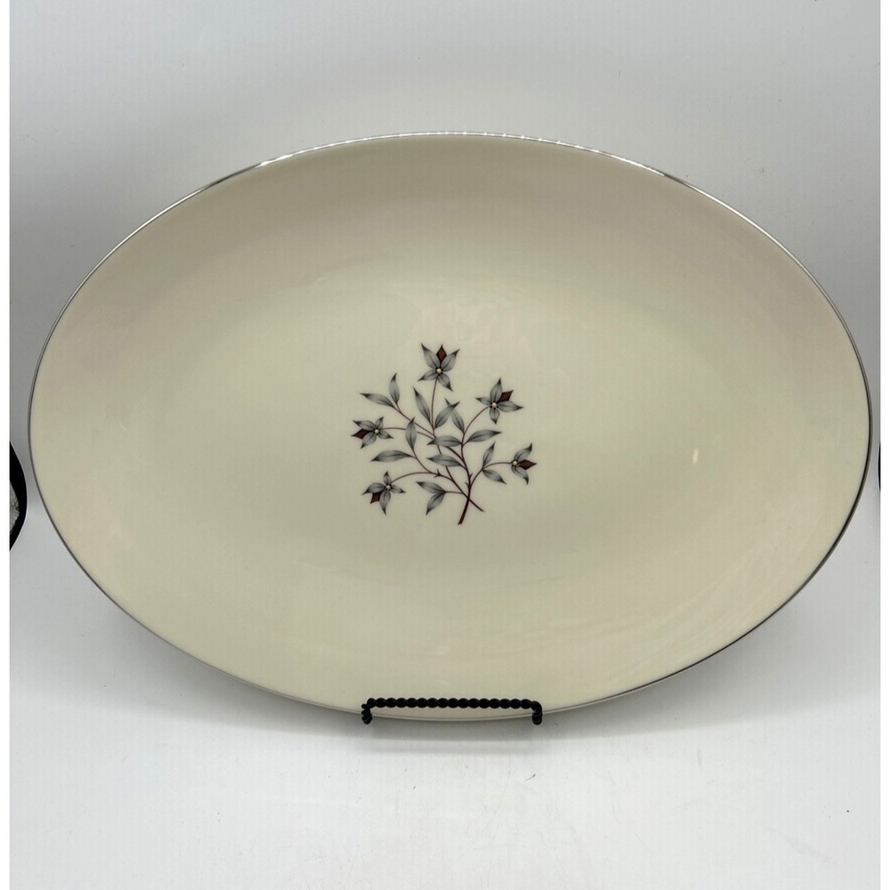 Noritake Perspective Serving Platter 16" Cream Floral Silver Rim Fine China Oval